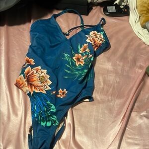 Kona Sol Blue Floral One Piece Swimsuit